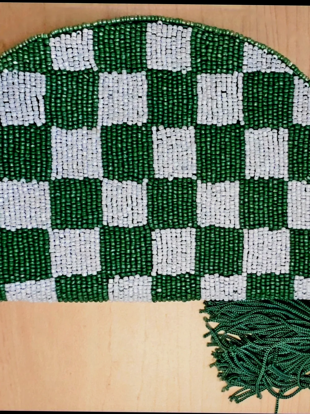 Anthropologie Green and White Beaded Half-Moon Clutch with Tassel